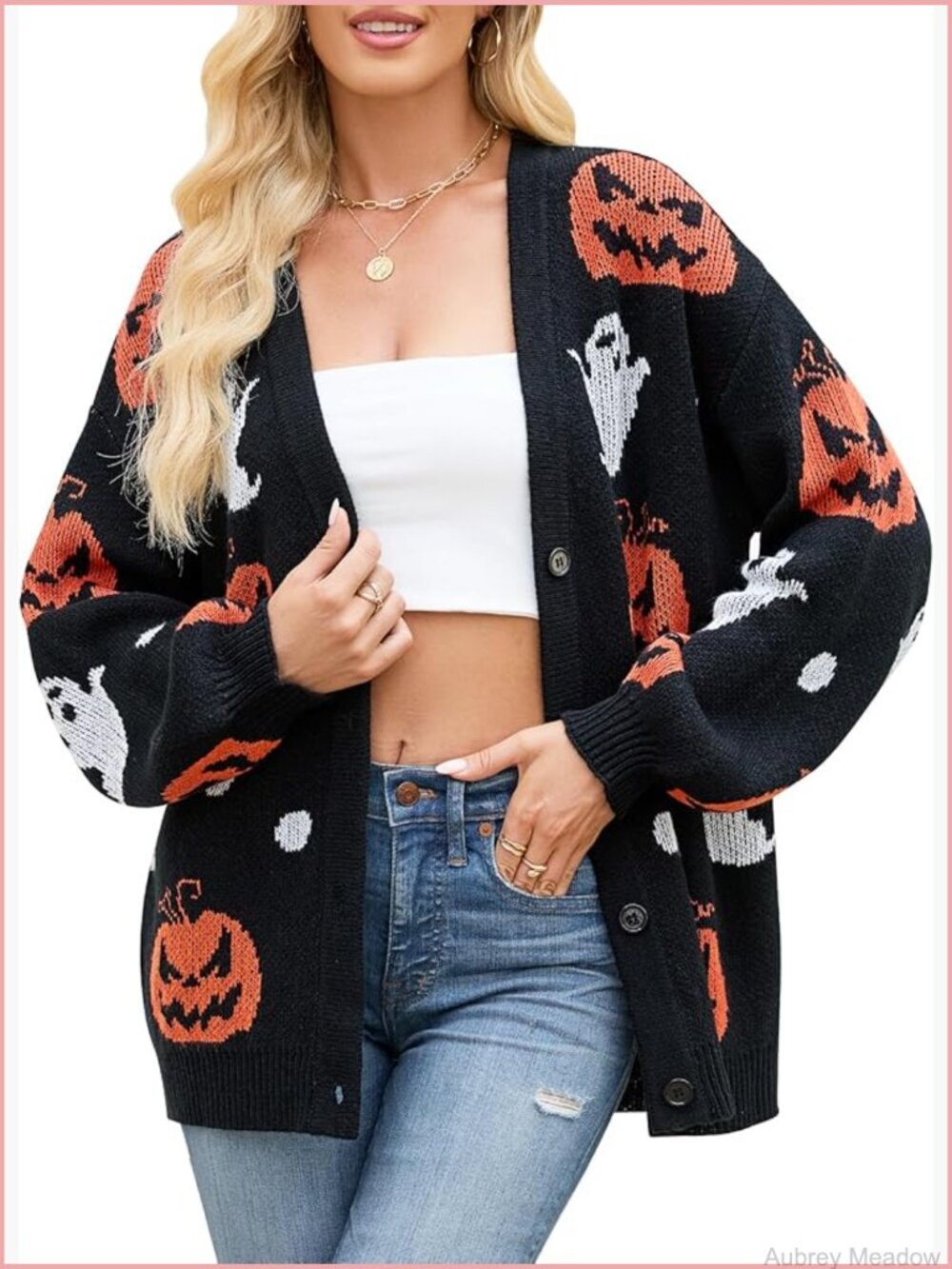 Halloween Pumpkin Ghost Cardigan Sweater Women Long Sleeve Loose Casual Knit